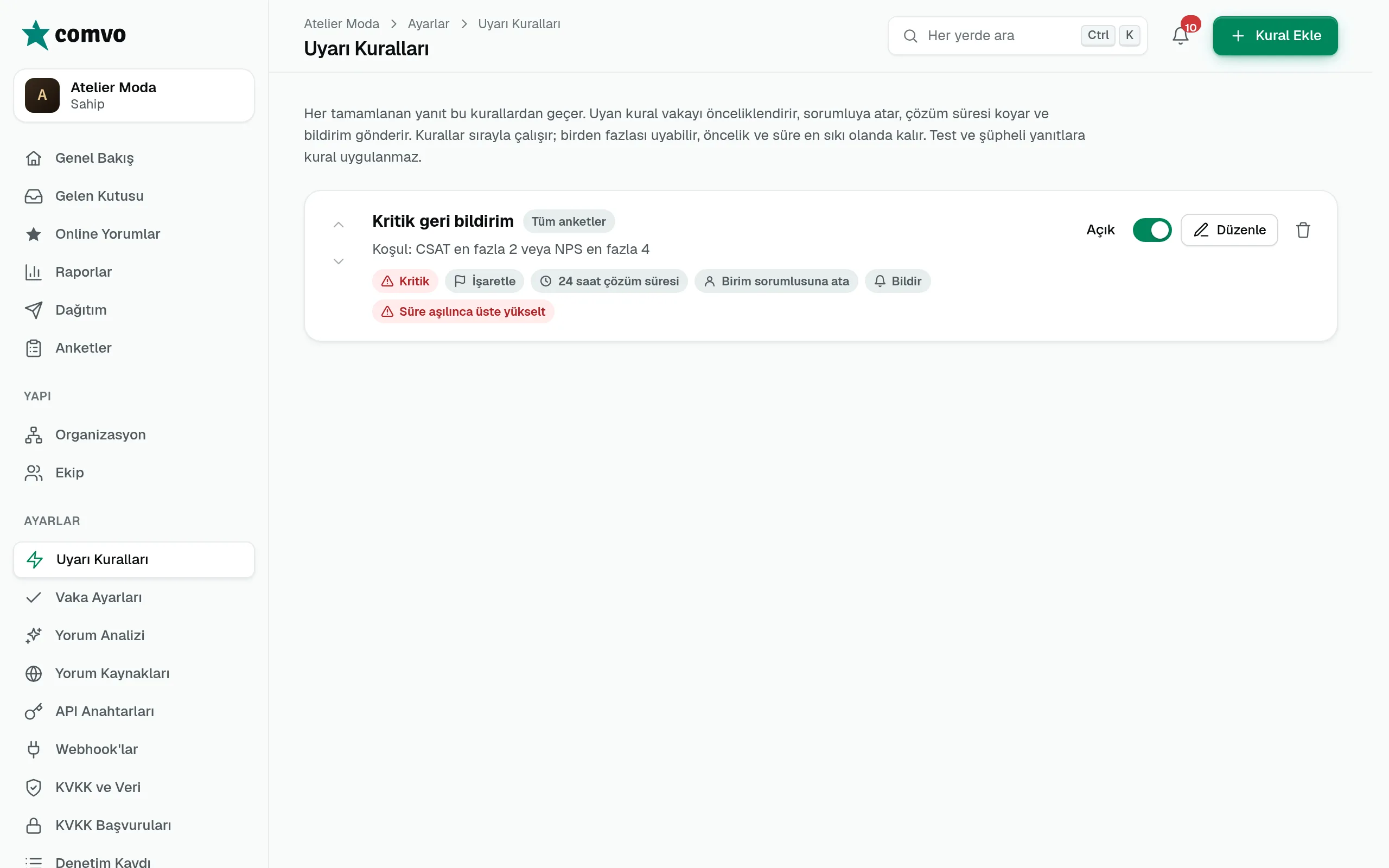 Uyarı kuralları listesi