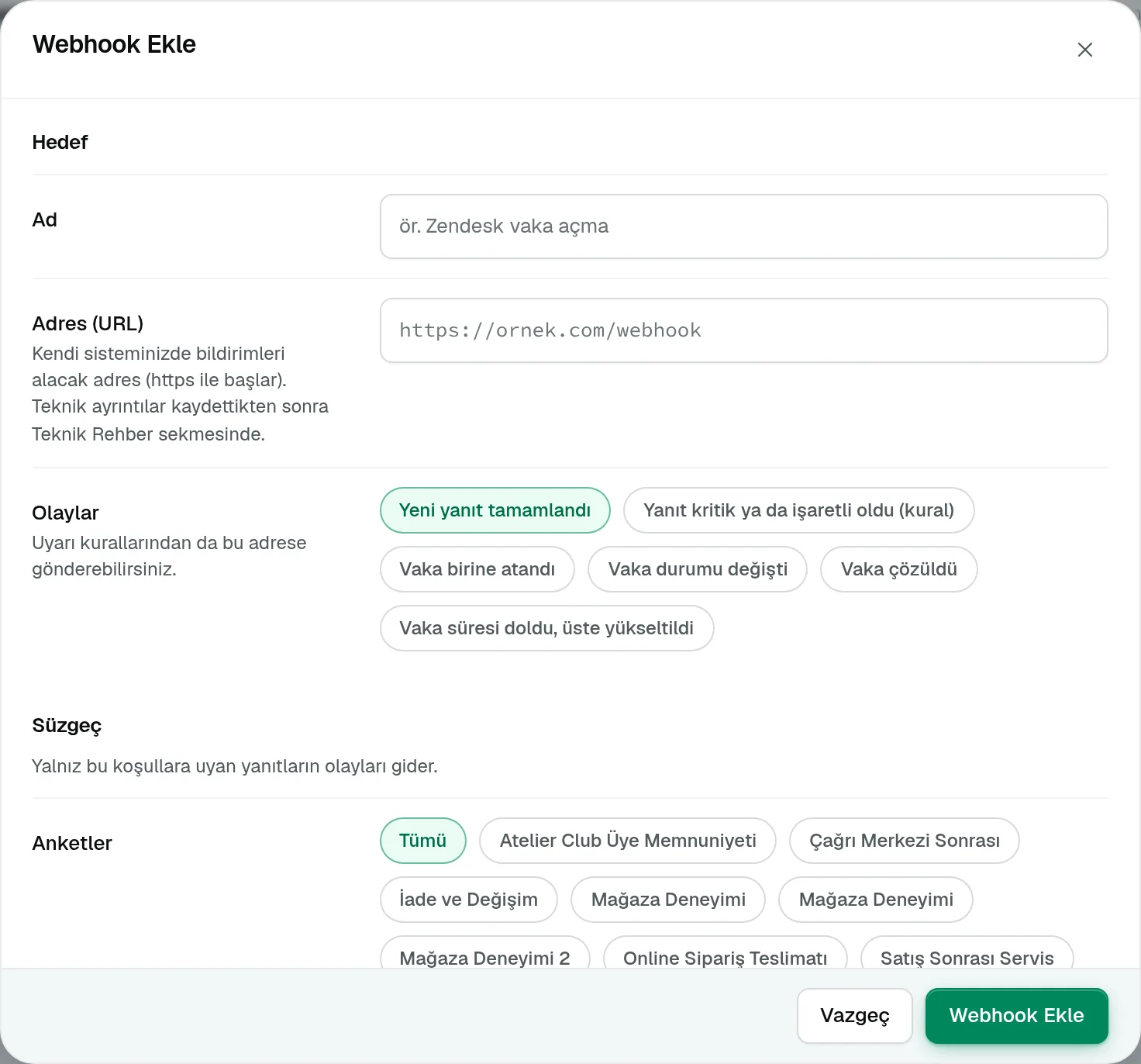 Webhook ekleme penceresi: adres, olaylar ve süzgeçler